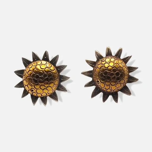 Vintage Jabor Sunflower Stud Earrings Pewter Brass Post Pierced - Picture 8 of 11